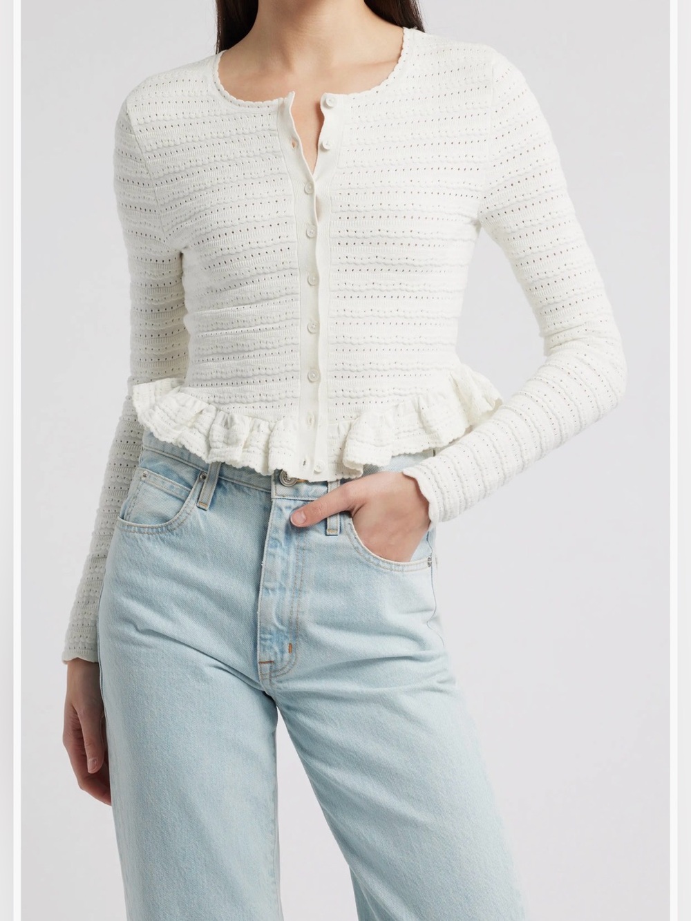LoveShackFancy White Ruffle-Hem Button Cardigan